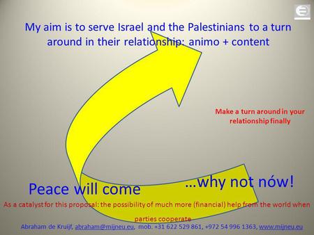 Peace will come …why not nów! My aim is to serve Israel and the Palestinians to a turn around in their relationship: animo + content As a catalyst for.