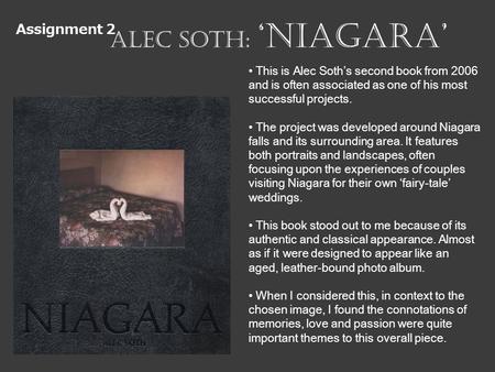 Assignment 2 Alec Soth: NIAGARA This is Alec Soths second book from 2006 and is often associated as one of his most successful projects. The project was.