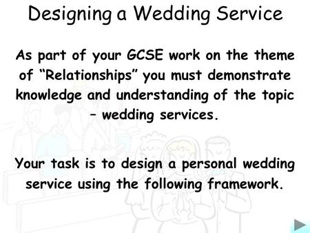 As part of your GCSE work on the theme of Relationships you must demonstrate knowledge and understanding of the topic – wedding services. Your task is.