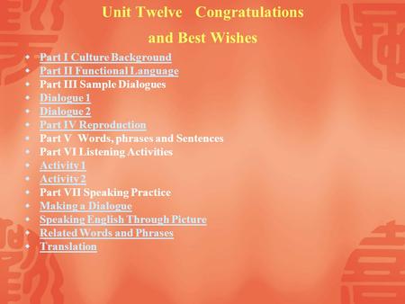 Unit Twelve Congratulations and Best Wishes Part I Culture Background Part II Functional Language Part III Sample Dialogues Dialogue 1 Dialogue 2 Part.