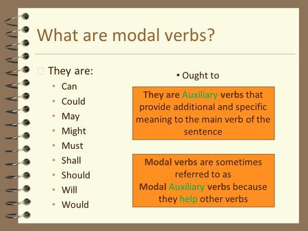 What are modal verbs? They are: Ought to Can Could May
