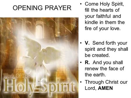 OPENING PRAYER Come Holy Spirit, fill the hearts of your faithful and kindle in them the fire of your love. V. Send forth your spirit and they shall be.