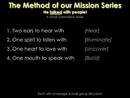 The Method of our Mission Series He talked with people! The Method of our Mission Series He talked with people! 1. Two ears to hear with(Hear) 2. One spirit.