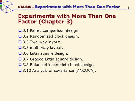 1 STA 536 – Experiments with More Than One Factor Experiments with More Than One Factor (Chapter 3) 3.1 Paired comparison design. 3.2 Randomized block.