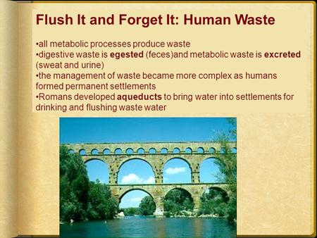 Flush It and Forget It: Human Waste all metabolic processes produce waste digestive waste is egested (feces)and metabolic waste is excreted (sweat and.
