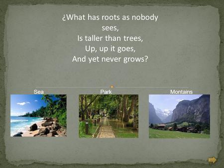 ¿What has roots as nobody sees, Is taller than trees, Up, up it goes, And yet never grows? MontainsParkSea.