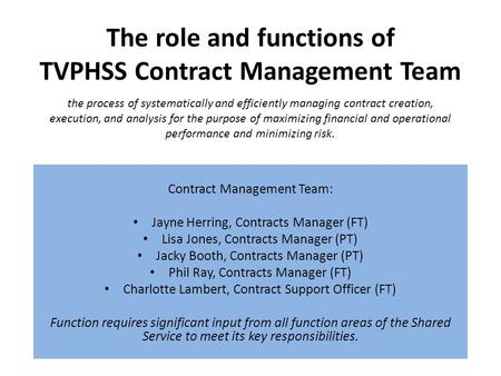 The role and functions of TVPHSS Contract Management Team Contract Management Team: Jayne Herring, Contracts Manager (FT) Lisa Jones, Contracts Manager.