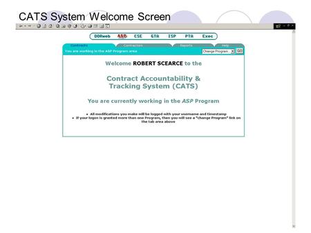 CATS System Welcome Screen. Program Access and Authority Three levels of access: Super User: Can update and delete assigned program records (Contract.