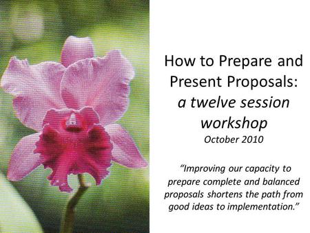 How to Prepare and Present Proposals: a twelve session workshop October 2010 Improving our capacity to prepare complete and balanced proposals shortens.