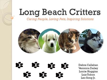 Long Beach Critters Caring People, Loving Pets, Inspiring Solutions Debra Callahan Veronica Dailey Lorrie Huggins Luis Tobon Leo Song Jr.