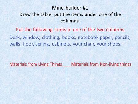 Mind-builder #1 Draw the table, put the items under one of the columns. Put the following items in one of the two columns. Desk, window, clothing, books,