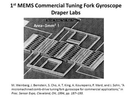1 st MEMS Commercial Tuning Fork Gyroscope Draper Labs M. Weinberg, J. Bernstein, S. Cho, A. T. King, A. Kourepenis, P. Ward, and J. Sohn, A micromachined.