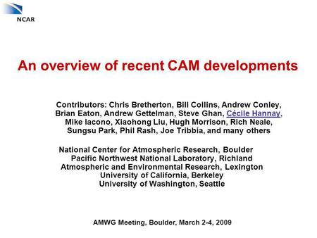 An overview of recent CAM developments Contributors: Chris Bretherton, Bill Collins, Andrew Conley, Brian Eaton, Andrew Gettelman, Steve Ghan, Cécile Hannay,
