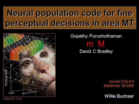 Neural population code for fine perceptual decisions in area MT Gopathy Purushothaman m M David C Bradley Image from: PLoS Journal Club # 4 September 28.