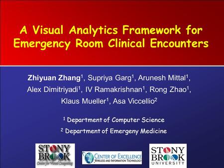 A Visual Analytics Framework for Emergency Room Clinical Encounters 1 Department of Computer Science 2 Department of Emergeny Medicine Zhiyuan Zhang 1,