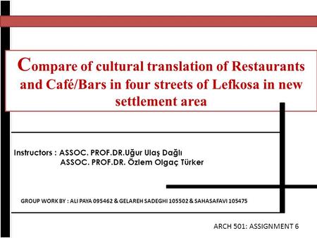 Compare of cultural translation of Restaurants and Café/Bars in four streets of Lefkosa in new settlement area Instructors : ASSOC. PROF.DR.Uğur Ulaş Dağlı.