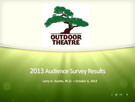 1 of 25 2013 Audience Survey Results Larry D. Gustke, Ph.D. – October 5, 2013.