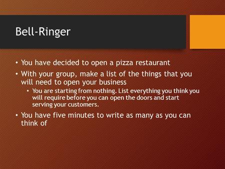 Bell-Ringer You have decided to open a pizza restaurant