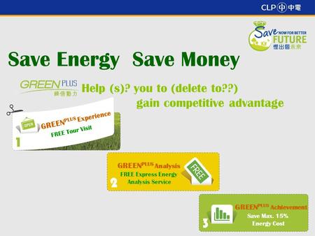 1 Save Energy Save Money Help (s)? you to (delete to??) gain competitive advantage GREEN PLUS Experience FREE Tour Visit GREEN PLUS Analysis FREE Express.