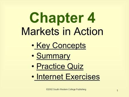 1 Chapter 4 Markets in Action Key Concepts Key Concepts Summary Practice Quiz Internet Exercises Internet Exercises ©2002 South-Western College Publishing.
