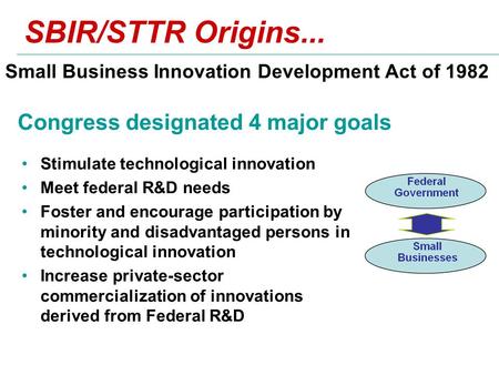 SBIR/STTR Origins... Small Business Innovation Development Act of 1982 Stimulate technological innovation Meet federal R&D needs Foster and encourage participation.