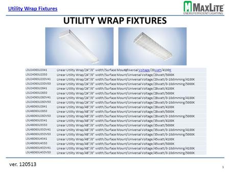 ENERGY EFFICIENT LIGHTING UTILITY WRAP FIXTURES ver. 120513 Utility Wrap Fixtures.1.1 LSU2406SU2041 LSU2406SU2050 Linear Utility Wrap/24/6 width/Surface.