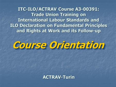 ITC-ILO/ACTRAV Course A3-00391: Trade Union Training on International Labour Standards and ILO Declaration on Fundamental Principles and Rights at Work.