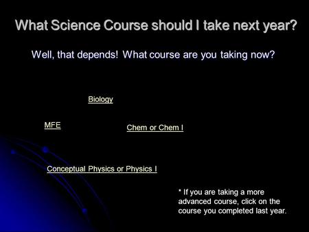 What Science Course should I take next year? Well, that depends! What course are you taking now? MFE Biology Conceptual Physics or Physics I Chem or Chem.