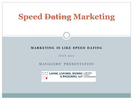 MARKETING IS LIKE SPEED DATING JULY 2012 MANAGERS PRESENTATION Speed Dating Marketing.