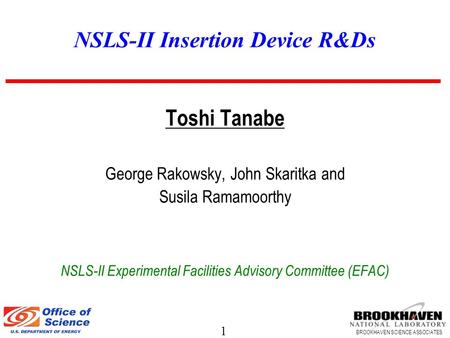 1 BROOKHAVEN SCIENCE ASSOCIATES NSLS-II Insertion Device R&Ds Toshi Tanabe George Rakowsky, John Skaritka and Susila Ramamoorthy NSLS-II Experimental Facilities.