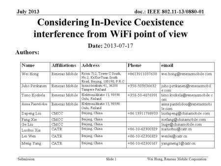 Doc.: IEEE 802.11-13/0880-01 Submission July 2013 Wei Hong, Renesas Mobile Corporation Considering In-Device Coexistence interference from WiFi point of.