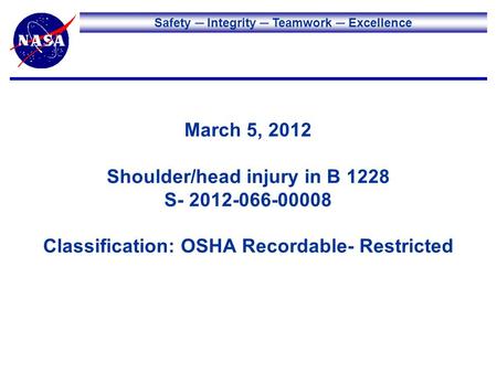 Safety Integrity Teamwork Excellence March 5, 2012 Shoulder/head injury in B 1228 S- 2012-066-00008 Classification: OSHA Recordable- Restricted.