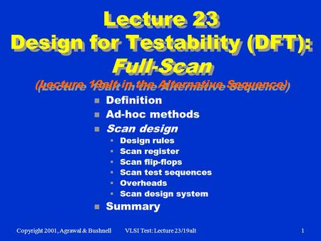 Copyright 2001, Agrawal & BushnellVLSI Test: Lecture 23/19alt1 Lecture 23 Design for Testability (DFT): Full-Scan (Lecture 19alt in the Alternative Sequence)