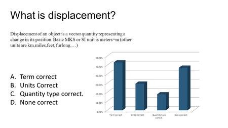 What is displacement? A.Term correct B.Units Correct C.Quantity type correct. D.None correct Displacement of an object is a vector quantity representing.