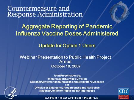 TM 1 Aggregate Reporting of Pandemic Influenza Vaccine Doses Administered Update for Option 1 Users Joint Presentation by: Immunization Services Division.