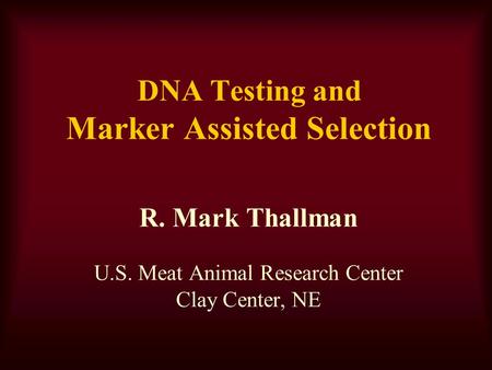 DNA Testing and Marker Assisted Selection R. Mark Thallman U.S. Meat Animal Research Center Clay Center, NE.