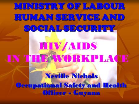 MINISTRY OF LABOUR HUMAN SERVICE AND SOCIAL SECURITY Neville Nichols Occupational Safety and Health Officer - Guyana HIV/AIDS IN THE WORKPLACE.