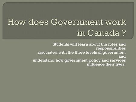 Students will learn about the roles and responsibilities associated with the three levels of government and understand how government policy and services.