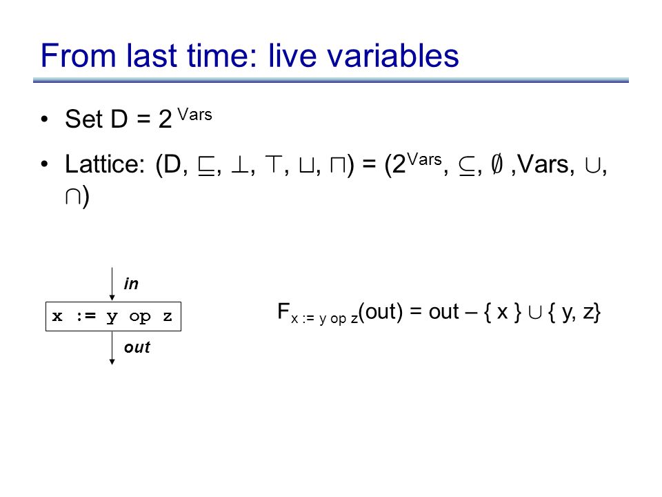 From Last Time Live Variables Set D 2 Vars Lattice D V T U 2 Vars µ Vars A X Y Op Z In