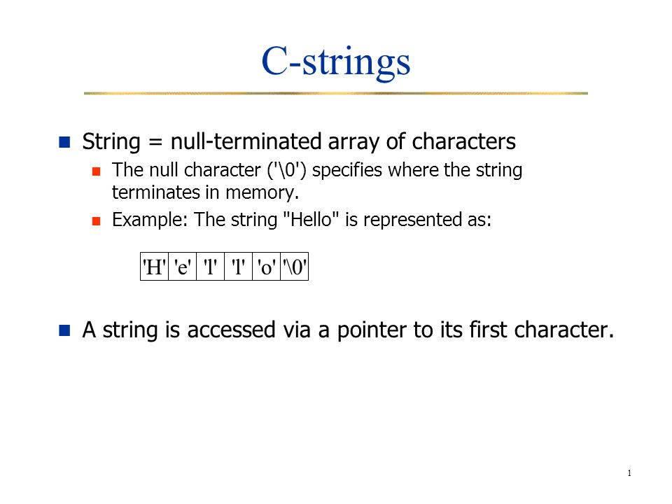 1 C-strings String = null-terminated array of characters The null character  ('\0') specifies where the string terminates in memory. Example: The string.  - ppt download