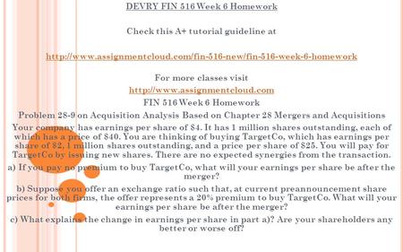 DEVRY FIN 516 Week 6 Homework Check this A+ tutorial guideline at  For more classes visit.
