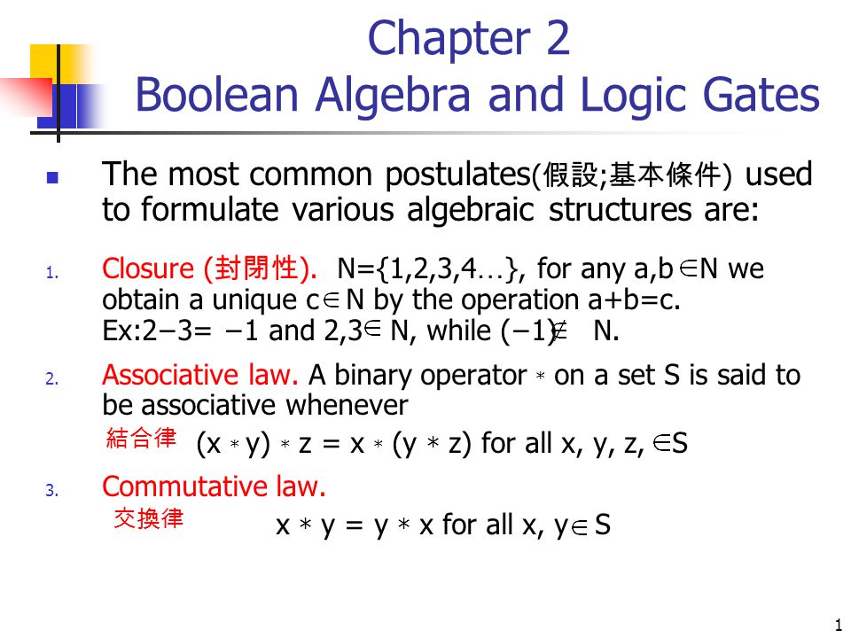 1 Chapter 2 Boolean Algebra And Logic Gates The Most Common Postulates ( 假設 ; 基本條件 ) Used To Formulate Various Algebraic Structures Are: 1. Closure ( 封閉性. - Ppt Download