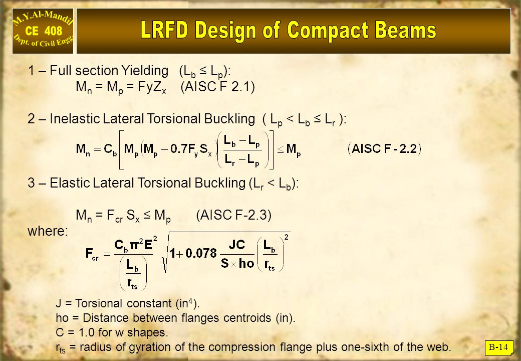 B 14 1 Full Section Yielding L B L P M N M P Fyz X Aisc F 2 1 2 Inelastic Lateral Torsional Buckling L P L B L R 3 Elastic Lateral Ppt Download