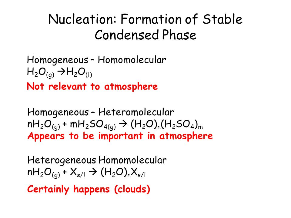 Nucleation Formation Of Stable Condensed Phase Homogeneous Homomolecular H 2 O G H 2 O L Homogeneous Heteromolecular Nh 2 O G Mh 2 So 4 G Ppt Download