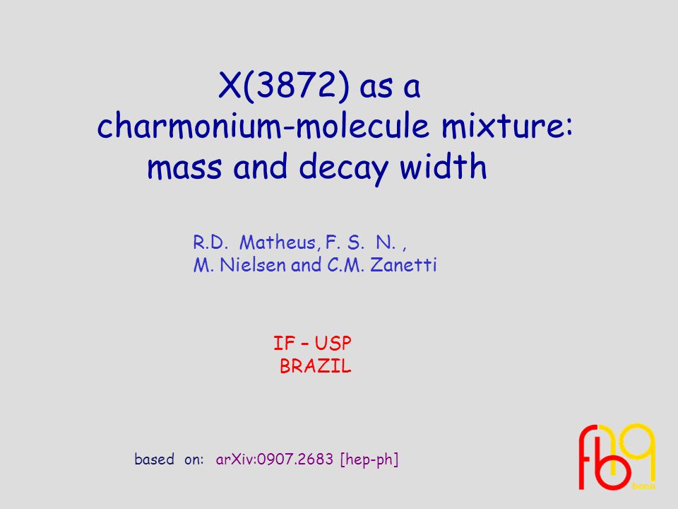 R D Matheus F S N M Nielsen And C M Zanetti If Usp Brazil Based On X 3872 As A Charmonium Molecule Mixture Mass And Decay Width Arxiv Ppt Download