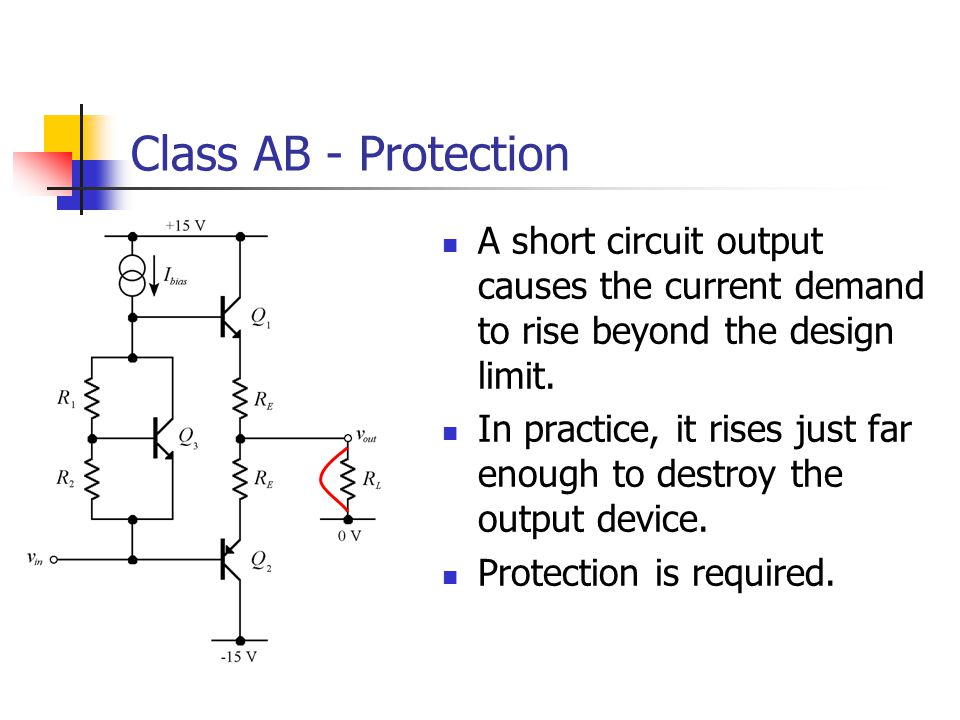 Class AB - Protection A short circuit output causes the current demand to  rise beyond the design limit. In practice, it rises just far enough to  destroy. - ppt download