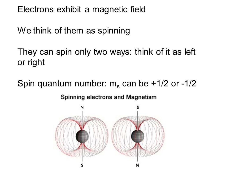 Massakre Tilsætningsstof Urimelig Electrons exhibit a magnetic field We think of them as spinning They can  spin only two ways: think of it as left or right Spin quantum number: ms  can. - ppt video