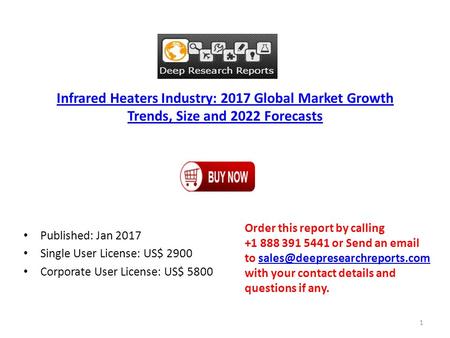 Infrared Heaters Industry: 2017 Global Market Growth Trends, Size and 2022 Forecasts Published: Jan 2017 Single User License: US$ 2900 Corporate User License: