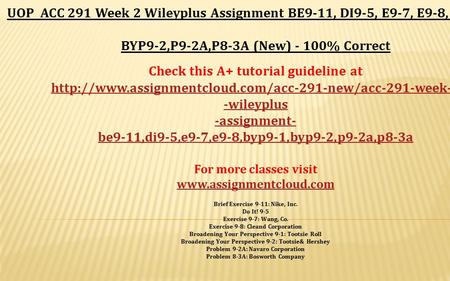 UOP ACC 291 Week 2 Wileyplus Assignment BE9-11, DI9-5, E9-7, E9-8, BYP9-1, BYP9-2,P9-2A,P8-3A (New) - 100% Correct Check this A+ tutorial guideline at.