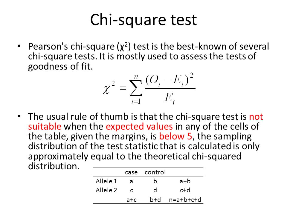 Chi-square test Pearson's chi-square (χ 2 ) test is the best-known of  several chi-square tests. It is mostly used to assess the tests of goodness  of fit. - ppt download